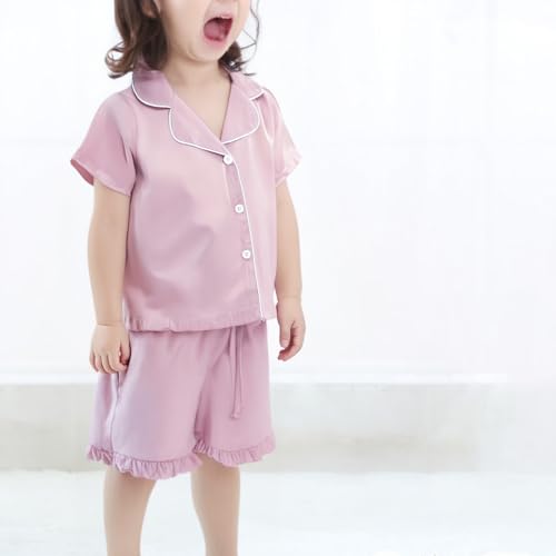 Girls Satin 𝐏ajamas 𝐒ilk 𝐏a𝐣ama Set Short Sleeve Button Down Shirts + Ruffle Hem Shorts Summer Outfits Loung𝐞wear2