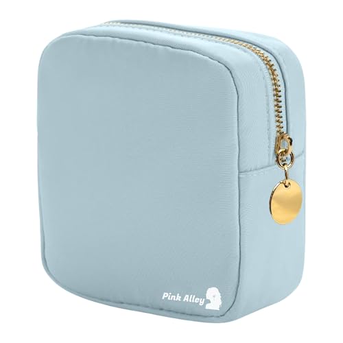 Pink Alley Cute Nylon Makeup Bag - 5" x 5" Durable Blue Makeup Bag with Golden Zipper - Waterproof Cosmetic Bags for Women - Travel Bag For Girls - Portable Bag (Light Blue, Mini)