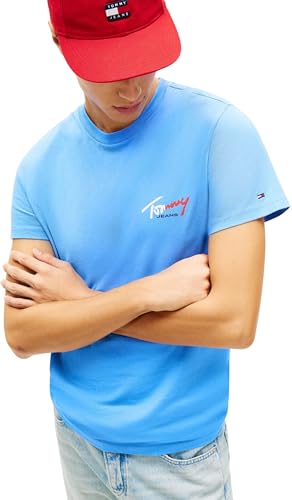 Tommy Jeans Herren T-Shirt Kurzarm Slim Sign Chest mit Logo, Blau (Blue Twilight), XXL – Ansicht 4