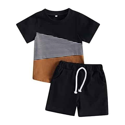 Arvbitana Unisex Toddler Baby Boy Girl Summer Clothes Short Sleeve T-Shirt+Short Pants Cotton Two Piece Color Block Outfits (A-Black Brown, 6-12 Months) Cover