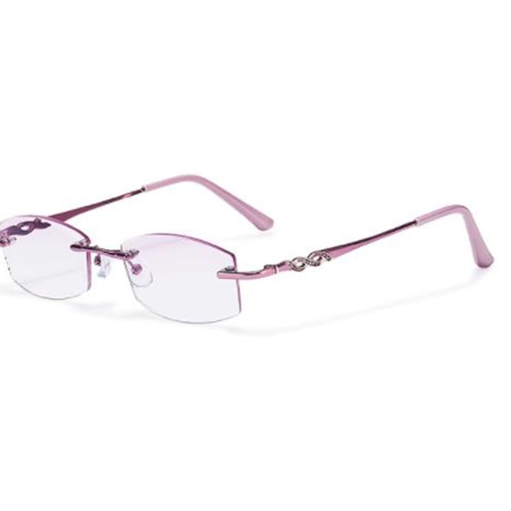 Gafas De Lectura Sin Marco Mujeres Moda Gafas de computadora Corte de diamante Gafas Anti Glare Metal Morado Templos +3.0