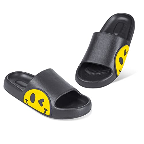 Unoesone Kids Sliders Summer Beach Slippers EVA Open Toe Boys Girls Sliders Bathroom Pool Shower Anti-Slip Shoes for Kids and Adult Indoor Outdoor(Black 1/2 UK)