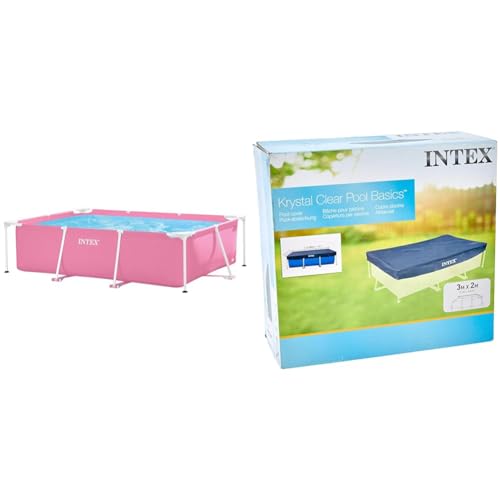 Intex 55256 - Piscina Desmontable Small Frame Familiar Rosa 220x150x60cm & 28038 - Cobertor Piscina Rectangular Prisma/Small Frame 300 x 200 cm, Color Azul