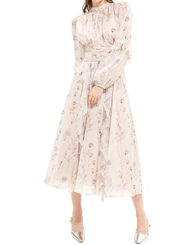 chinese dress ladies Jardinvue White Ruffle Maxi Floral Empire Waist Dress for Women - Mock  Neck, Long Sleeve, Lace