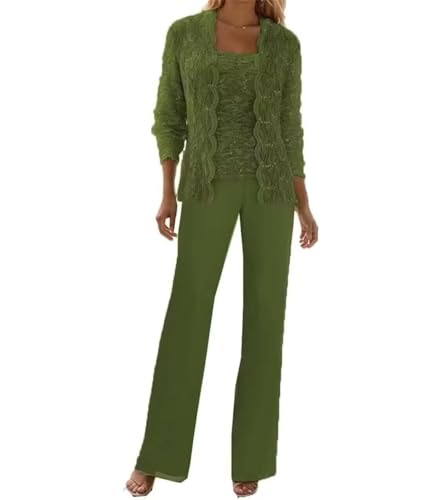 Image of 3 Pieces Chiffon Lace Mother of The Bride Pant Suits with Jackets Sequins Wedding Guest Dresses for Women