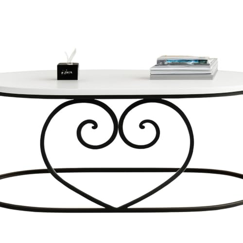 Image of CROWN ART SHOPPEE Oval Accent Metal Centre Table with Marble Look Coffee Tables with Engineered Wood Top and Metal Frame, Contemporary Table for Office, Bedroom, or Living Room Black White