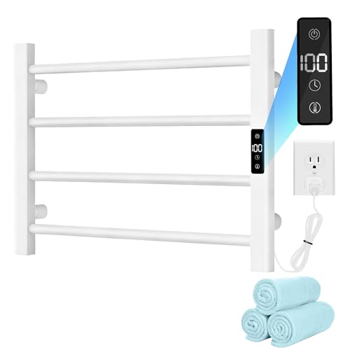 Heated Towel Warmer Rack, IPX4 Waterproof Towel Rack Warmer, 4 Bars Towel Warmers for Bathroom Rack, Heated Towel Rack Wall Mounted with Timer 1-8 H & Temperature Control 100-140°F, White