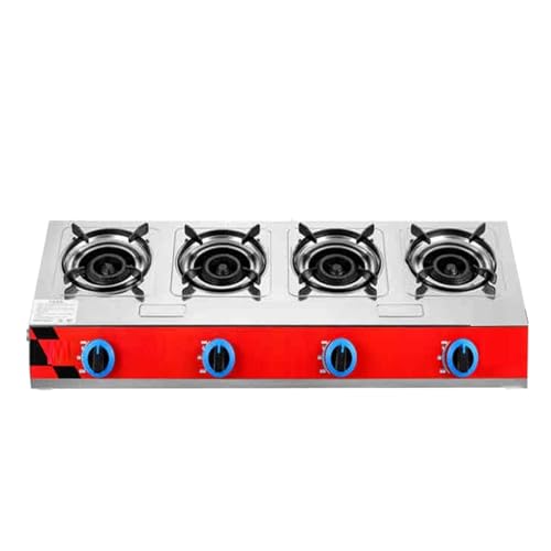 THEGA Cocina De Gas - Hornillo Camping 4 Quemadores, Sartén Alta Potencia 2.8KW, Soporte Hierro Fundido Acero Inoxidable, Placa Encendido Automático Y Protección contra El Apagado(LPG)