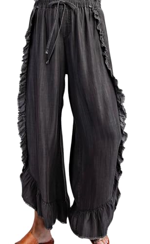 utcoco Womens High Waisted Wide Leg Jeans Casual Loose Fit Ruffle Side Slit Denim Pants Trousers with Drawstring