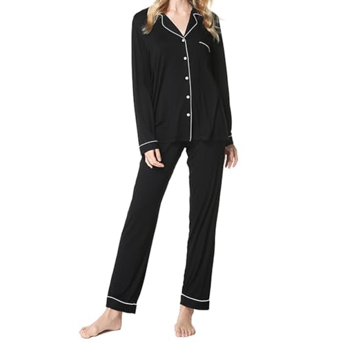 JSTHHTT Pijama Mujer Invierno, Señoras Pijama de Satén de Manga Larga con Botones Delanteros de Dos Piezas Traje de Casa, Conjunto de Pijama de Seda de Satén para Mujer, Pijama Saten Mujer