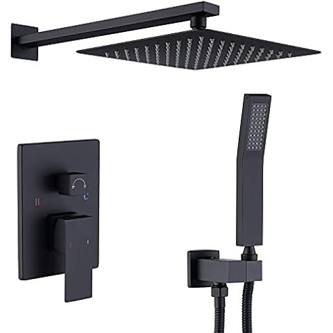 Shower System Shower Faucet Combo Set Wall Mounted with 10" Rainfall Shower Head and handheld shower faucet, Matt Black Finish with Brass Valve Rough-In Cover