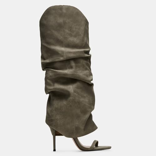 Yishaweiqi Slouched Ruched Knee High Heels for Women Round Open Toe Stiletto Heels Pull On Wide Calf Sandals2