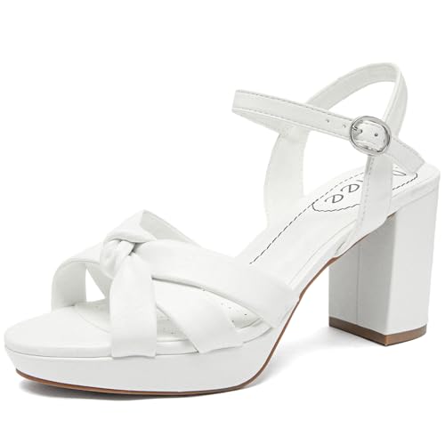 Image of Ruiee Women's Platform Heels Chunky Heeled Sandals, Ankle Strappy Round Open Toe Dressy Shoes Wedding Party High Pump Heels for Women.