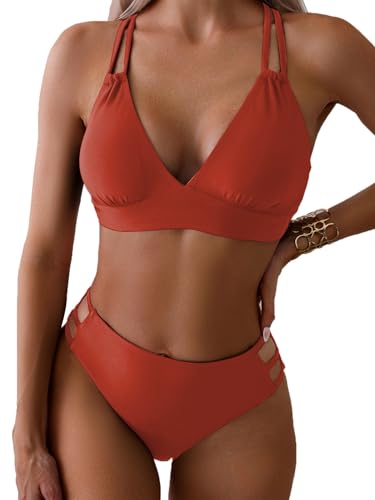 Image of Fanuerg Women's Sexy V Neck Bikini Sets Hollow Out Two Piece Swimsuits Cutout Mid Waist Bathing Suit
