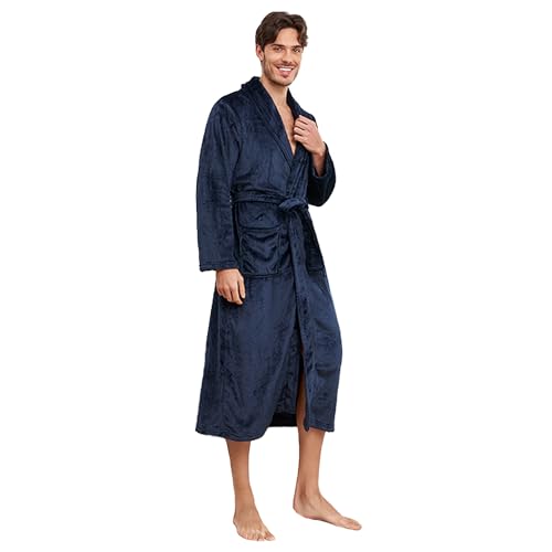 RONGTAI Bathrobe for Men, Long Shawl Collar Robe, Plush Fleece Fabric, Side Pockets, Warm and Cozy Sleepwear (Navy, S), Small