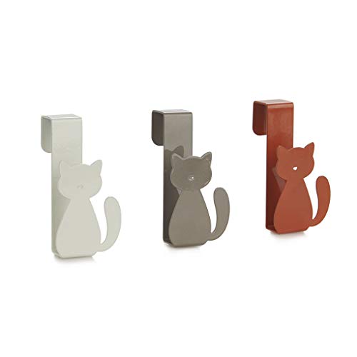 balvi Ladehaken Meow! Set bestaande uit 3 hangers kleuren bruin, grijs en wit deurhaken om keukendoeken, badhanddoeken, sjaals enz. op te hangen Ontwerp in de vorm van een kat metaal 4,6 x 9 x 4 cm