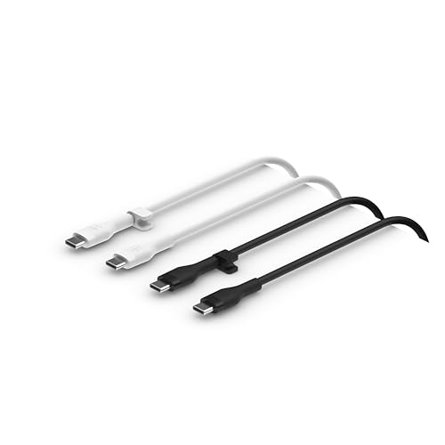 Image of Belkin BoostCharge Flex Silicone USB-C to USB-C Charging Cable (2M /6.6FT) for iPhone 16, iPhone 16 Pro, Galaxy S25, S24, Pixel 9 & 8, Nintendo Switch 2 & More with Cable Clip - Black & White (2-Pack)