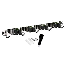 Glomora Wall-Mounted Broom Mop Organizer, 4-Rack 5-Hook Design, No-Drill Stainless Steel Storage Solution for Home, Kitchen, Garden, Garage, Laundry Room (Black)
