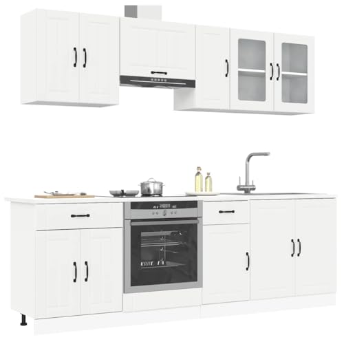 KTHLBRH Mueble de Cocina Kalmar Blanco 8 Piezas de Madera contrachapada con diseño Elegante y Almacenamiento Amplio para optimización de Espacio, gabinetes duraderos con Superficie