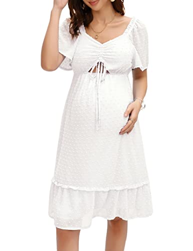 KOJOOIN Umstandskleid Sommer Damen Elegant Schwangerschaftskleid Kurzarm Casual Umstandskleider mit Schweizer Pünktchen Weiß M