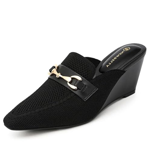 NEWBELLA Women's Wedge Mules Mid Heel Sandals Pointed Toe Dressy Sandals Comfortable Heels Wedding Casual Shoes Black 7.5