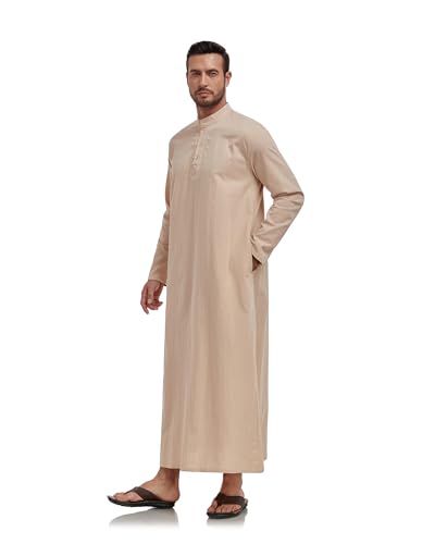 Jacansi Mens Button Down Robe Kaftan Thobe Casual Long Sleeve Cotton Linen Muslim Gown Thobes M-3XL4