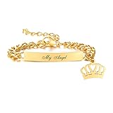 Customize Personalize Baby Name Birthdate Bracelets with Crown Charm,Stainless Steel ID Bar Bracelet