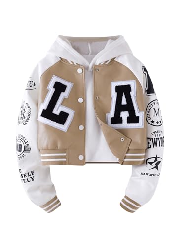 Floerns Girl's Leather Patchwork Hooded Bomber Jacket Letter Graphic Button Down Outerwear