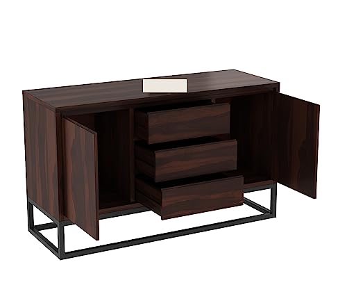 Image of Solid Sheesham Wood Wooden Sideboard Storage Cabinet : Ideal for Living Room and Bedroom with 3 Drawers and 2-Shelf Storage (Ray, Walnut Finish)