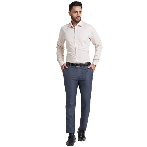Image of Raymond Men Slim Fit Solid Pattern Poly Viscose Blend Flat Front Formal Trouser