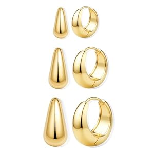 BESTEEL Juego de 3 pares de aretes de aro chapados en oro de 14 quilates para mujer, aretes gruesos chapados en plata, hipoalergénicos, pequeños, ligeros, pequeños, gruesos, modernos para múltiples