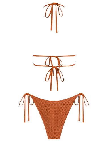 Image of ZAFUL Halter Swimsuits for Women Textured Backless 2 Piece Bathing Suits Cheeky High Cut String Tie Side Bikini Sets