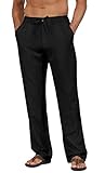 Soojun Men's Linen Beach Pants Lightweight Summer Pants with Drawstring, Black, Large/30 Inseam