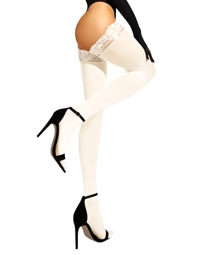 Image of sofsy 100% OEKO-TEX Certified - Italian Women's Opaque Thigh High Stockings | Ultra Soft Dual Silicone Lace Top Stay Ups