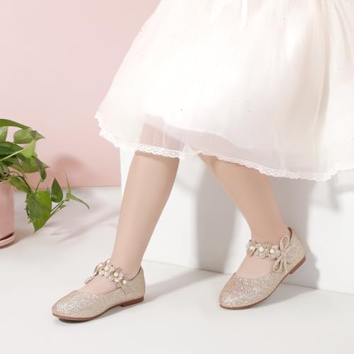 PANDANINJIA Toddler Girls Dress Shoes Flower Girl Flats Pearls Bow Mary Jane Wedding Party Flora Shoes2