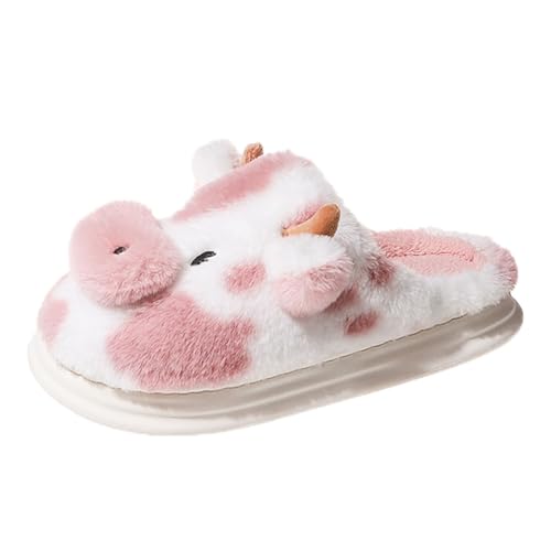 Parejas Hombres Mujeres Deslizamiento En Peludo Plano Casa Invierno Punta Redonda Mantener Caliente Moteado Vaca Zapatillas Zapatos, Rosa., 41 EU