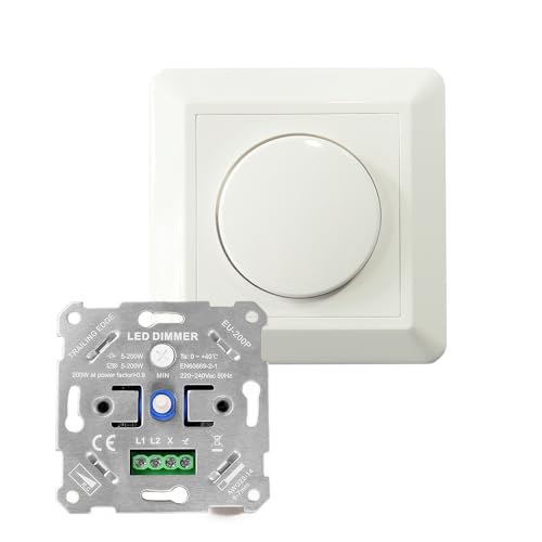 Dimmer Schalter LED 230V Dimmschalter für dimmbare LED Lampen 5-200W, Unterputz Drehdimmer Phasenabschnittsdimmer für dimmbare LED Lampen, Glühlampe und Halogenlampe, Ohne Klemmkrallen, Weiß