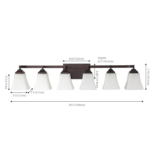 Image of JONATHAN Y 39.5 inch Oil Rubbed Bronze White 6-Light Metal Glass Rectangular Vanity Light Wall Sconce Traditional Transitional for Bathroom with Frosted Glass Shade Damp Rated LED Bulbs Included JYL7623A