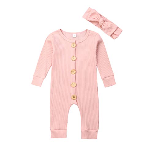 Newborn Infant Unisex Baby Boy Girl Long Sleeve Button Solid Knitted Romper Bodysuit One Piece Jumpsuit Outfits Clothes (C-Pink, 0-6M)