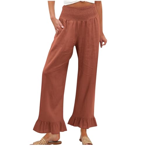 Image of Women Linen Pants Dressy Casual Summer Boho Ruffle Hem Wide Leg Cropped Pants Smocked High Waisted Palazzo Pant