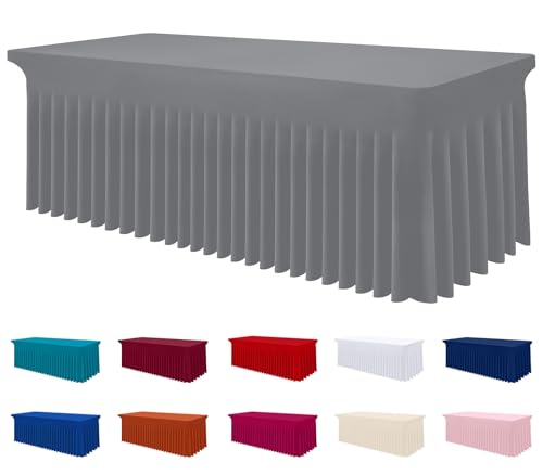 Image of Smiry Spandex Elastic Fitted Table Cloth Skirt for 6FT Rectangle Table | Stretch Washable Table Cloth, Banquet Table Cover for Wedding, Party, Indoor & Trade Shows, (Grey, 72Lx30Wx30H)