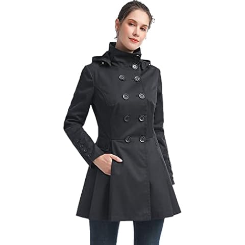 BGSD Women Nicole Waterproof Hooded Fit & Flare Trench Coat Black Large Cover