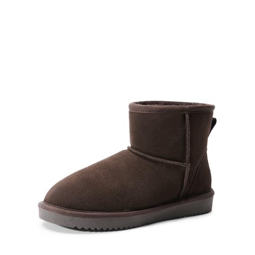 DREAM PAIRS Snow Boots for Women Genuine Suede Faux Fur Lining Anti-Slip Warm Winter Booties Slip On Memory Foam Ankle Boots FuzzyClassicⅡ Low Boots 6.5 Brown