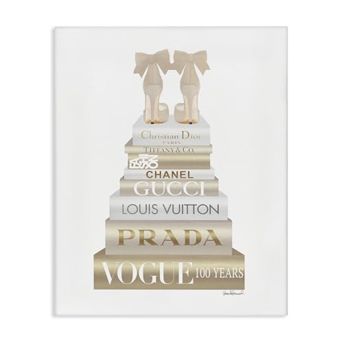 Image of Cream Bow Heels Glam Bookstack, 36 x 48 Inch Canvas Wall Art | Stupell Industries . By Amanda Greenwood . Ready to hang . Chic gift for fashion lovers . Made in USA