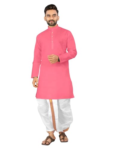 Image of UNIQUE MOMENTS Men's Cotton Dhoti Kurta Set with Full Sleeves Solid Pattern Modern Style and Mandarin Collar Neck | Perfect for Puja & Celebrations
