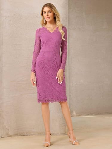 Image of Hobemty Women's Floral Lace Dress V Neck Long Sleeve Cocktail Wedding Bodycon Pencil Dresses