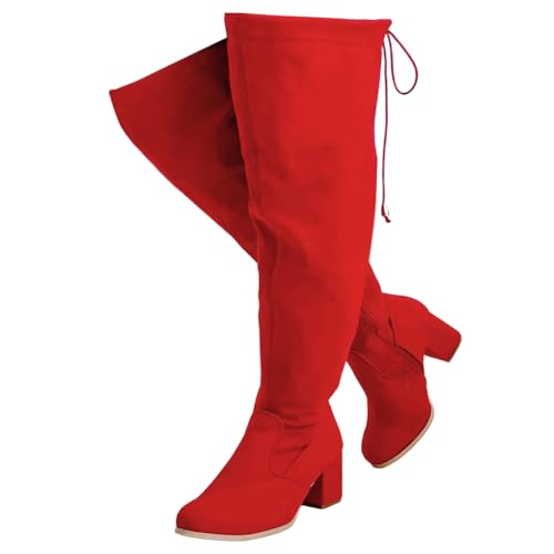 YING LAN Women's Wide Calf Over The Knee Pull On Chunky Block Heel Tall Boots Red(Wide Calf)