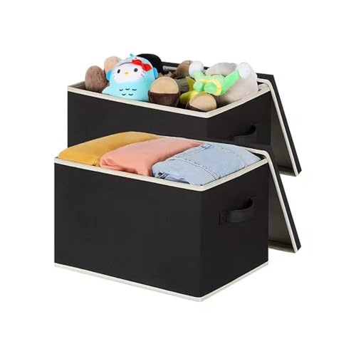 Image of Foldable & Collapsible Non Woven Storage Bins with Lids & Handles Space-Saving Storage Basket Boxes Wardrobe Closet Organizer for Clothes, Toys, Home Organization (Black, Combo of 2)