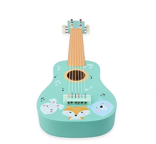 Kindergitarre aus Holz, Gitarre für Kinder ab 3 Jahre, 53x17x6 cm, 6-saitige Spielzeuggitarre, Nylonsaiten - mit Waldtieren und Noten verziert - bemaltes Holz - Musikinstrumente für Kinder