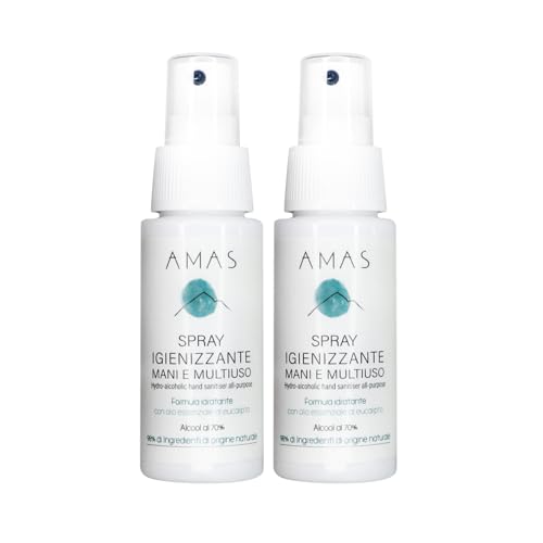 AMAS Spray DESINFECTANTE - 100% Hecho a Mano en Italia - 98% Origen Natural - Alcohol 70% - Hidratante y Emoliente - Con Aceite Esencial de Eucalipto 2x50ml